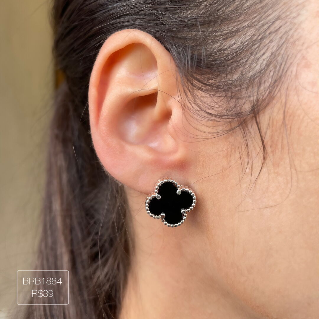 Brinco Pino V@n Cleef Preto Prateado